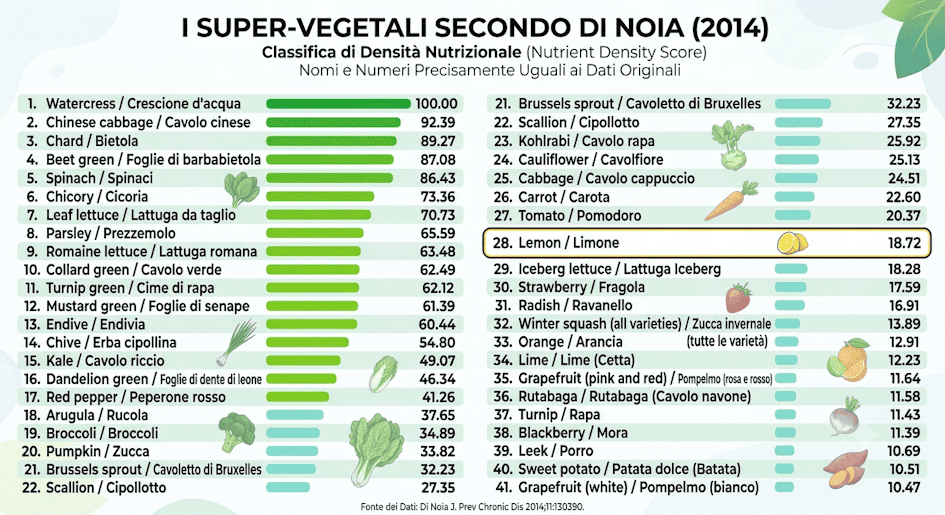 Infografica della classifica sulla densità nutrizionale dei super-vegetali secondo lo studio di Di Noia 2014.