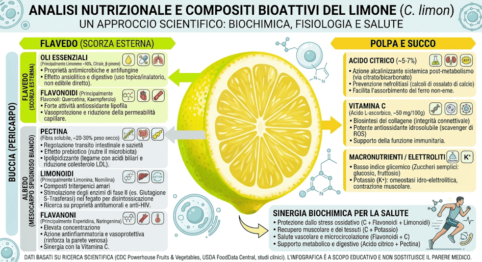 Infografica sull'analisi nutrizionale e biochimica del limone con proprietà di flavedo, albedo, polpa e succo.