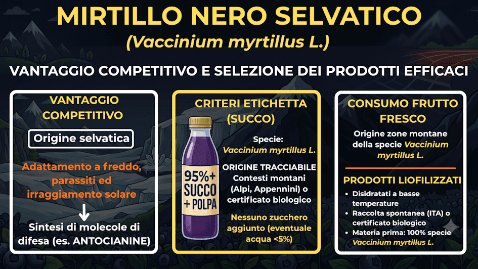 Guida alla selezione e criteri d'etichetta del mirtillo nero selvatico Vaccinium myrtillus L. tra succo, frutto fresco e liofilizzato.