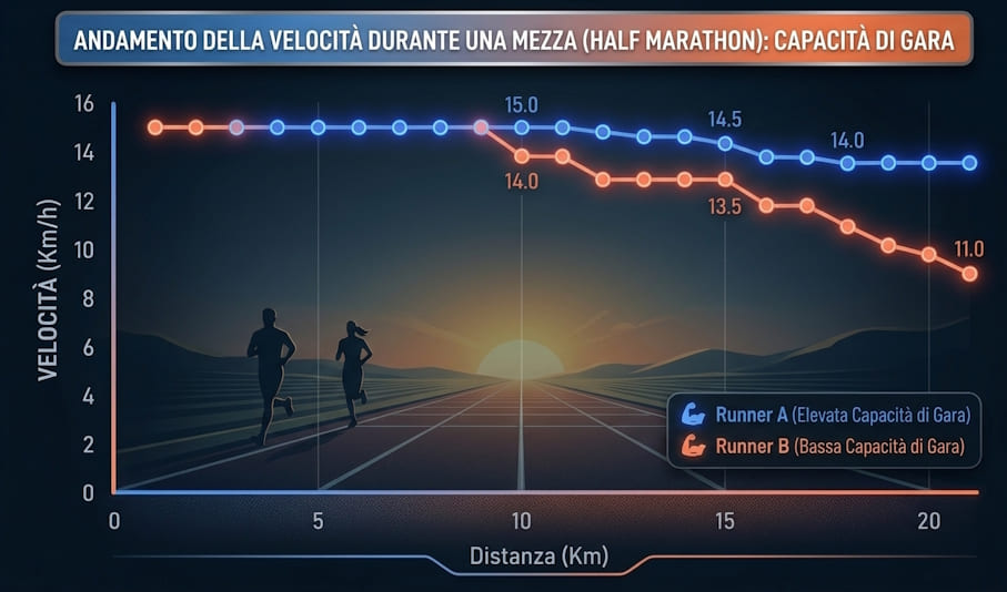 andamento della velocità di gara in una mezza maratona